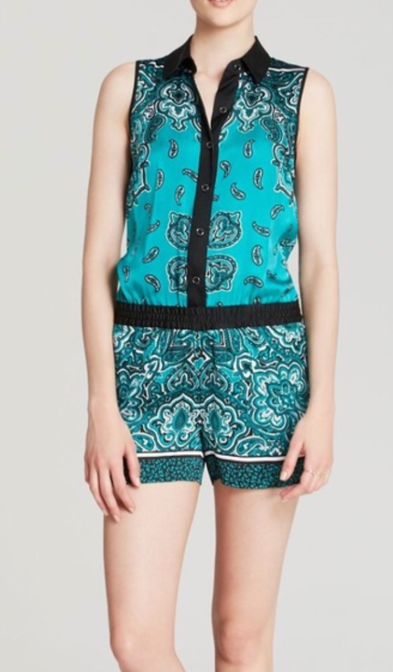 Michael Kors Green Paisley Bandana Romper Sleeveless Button Up Collared Womens M